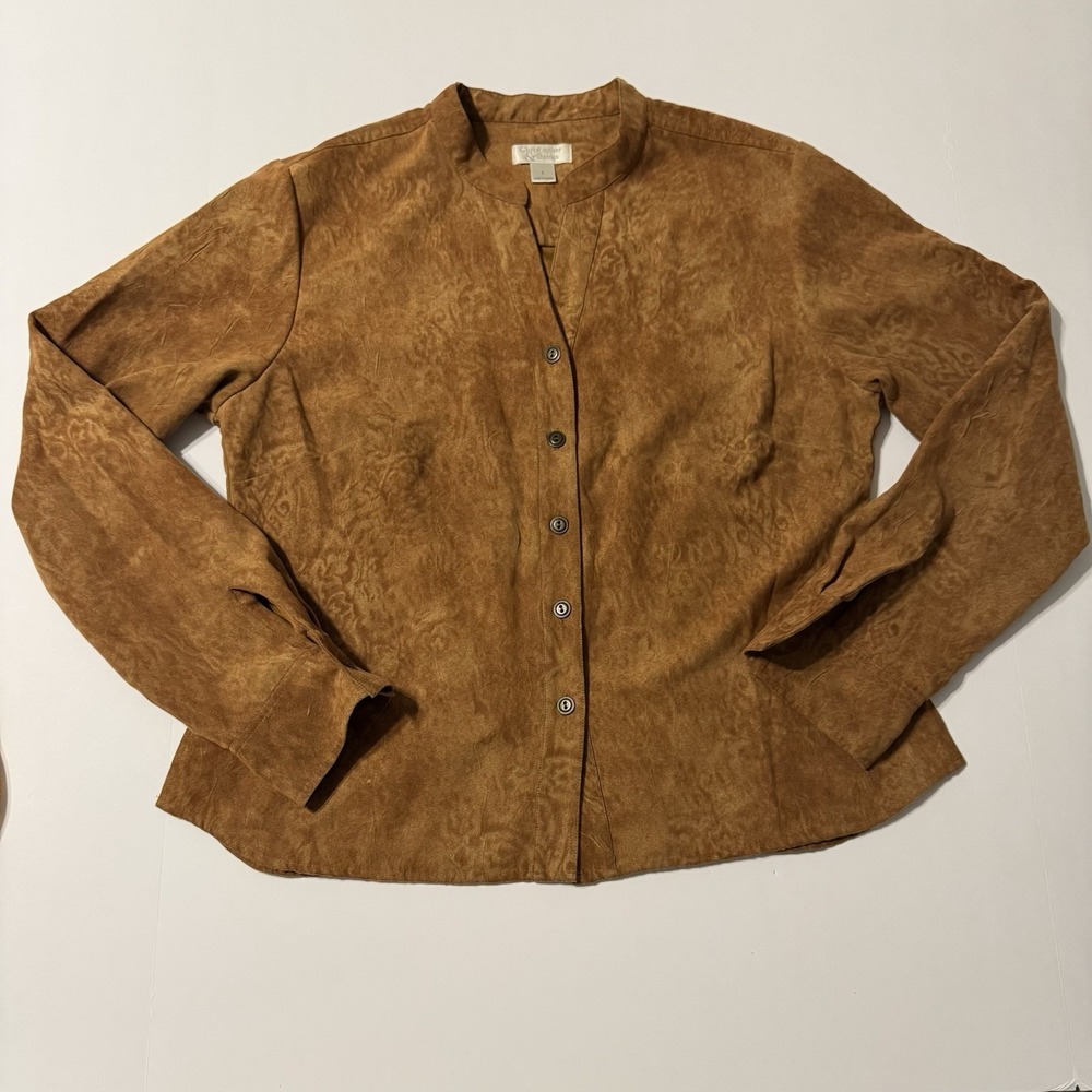 Christopher & Banks Jacket Faux Suede Brown Long Sleeve Large Y2K